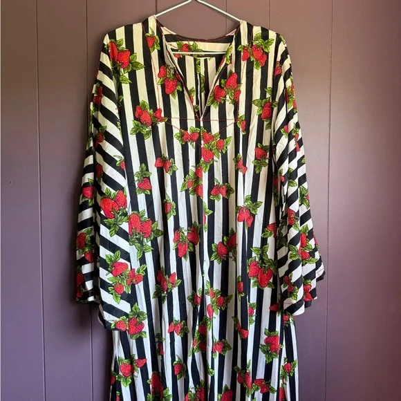 Vintage 70s Strawberry Stripe Maxi Dress – Long Sleeve Fruit Print Slip - Picture 3 of 7